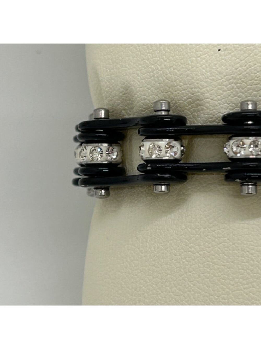 Black Stainless Steel Motorcycle Bike Chain Bracelet With Rhinestone Studs - Picture 5 of 11